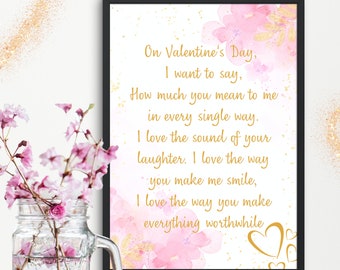On Valentine's Day, I Want To Say, Poem, Home and Wall Decor, Digital Download, Printable, PNG File, White, Pink and Gold, Various Sizes