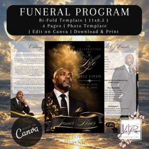 May include: A funeral programme bi-fold template featuring a black and gold design with a portrait of a man in a suit. The text reads FUNERAL PROGRAM, IN CELEBRATION OF A LIFE WELL LIVED, NOV 23, 1975 - DEC 8, 2026, and James Hines, with placeholders.