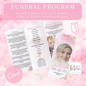 May include: A pink and white trifold funeral programme template with a floral design. The template includes sections for an obituary, order of service, acknowledgements, and pallbearers. The front cover features a photo of a woman and the text "The Loving Memory Of Jane L. Smith".