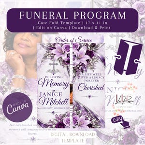 May include: A purple and white gate fold funeral program template measuring 17 x 11 inches. The design features floral accents with lilies and roses, a cross icon, and text reading In Loving Memory, Janice Mitchell, and A Life Well Lived.