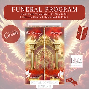 以下が含まれることがあります： 天国への門のデザインを施した葬儀プログラムのテンプレート。テンプレートは11.25インチ×8.75インチで、ダウンロードして印刷できます。テンプレートはCanvaで作成されています。