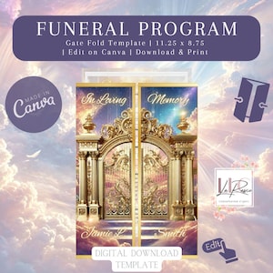 May include: A gate fold funeral program template with a golden gate design and a cloudy sky background. The text "In Loving Memory" is at the top of the program. The program is 11.25 inches by 8.75 inches.