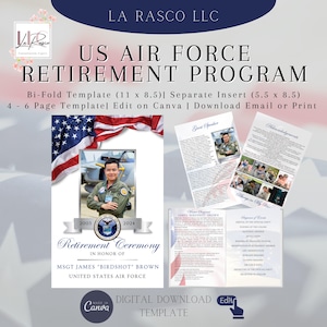 May include: A digital download template for a US Air Force retirement ceremony programme. The template features a blue and white American flag, a photo of a military officer in uniform, and the text "Retirement Ceremony" in a blue banner. The template is designed for use with Canva.