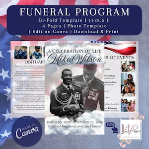 May include: Funeral program template with a patriotic theme. The bi-fold design features a photo of a man in uniform, the text "A Celebration of Life," and obituary details. The template is 11x8.5 inches and has 4 pages.