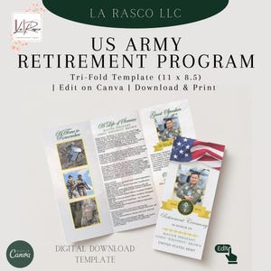 May include: A tri-fold template for a US Army retirement program. The template is designed to be printed on 11 x 8.5 inch paper and includes a photo of a soldier in uniform, a section for a guest speaker, and a section for a life of service. The template is editable on Canva and can be downloaded and printed.