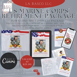 May include: A digital download package for a US Marine Corps retirement celebration. The package includes a photo canvas, retirement program, invitation pack, and digital invite video. The package is valued at $25.00. The image shows a variety of digital designs featuring the US Marine Corps logo and a photo of a Marine in uniform.