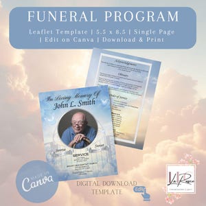 May include: A funeral program template with the text "FUNERAL PROGRAM" at the top. The leaflet template is 5.5 x 8.5 inches and single-page. The front of the program features a photo and the text "In Loving Memory Of John L. Smith".