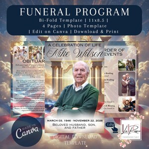 May include: A bi-fold funeral program template, 11x8.5 inches, with a photo template. The design features a portrait of a man, the text "A Celebration of Life," and obituary details. Includes Canva and download options.