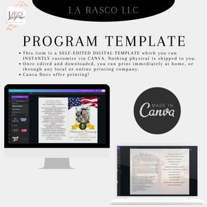 Puede incluir: Una plantilla de programa digital con el texto "PROGRAM TEMPLATE" y "LA RASCO LLC". La plantilla es personalizable a trav&eacute;s de Canva y se puede imprimir en casa. La imagen muestra una pantalla de ordenador que muestra un programa de ceremonia de jubilaci&oacute;n.