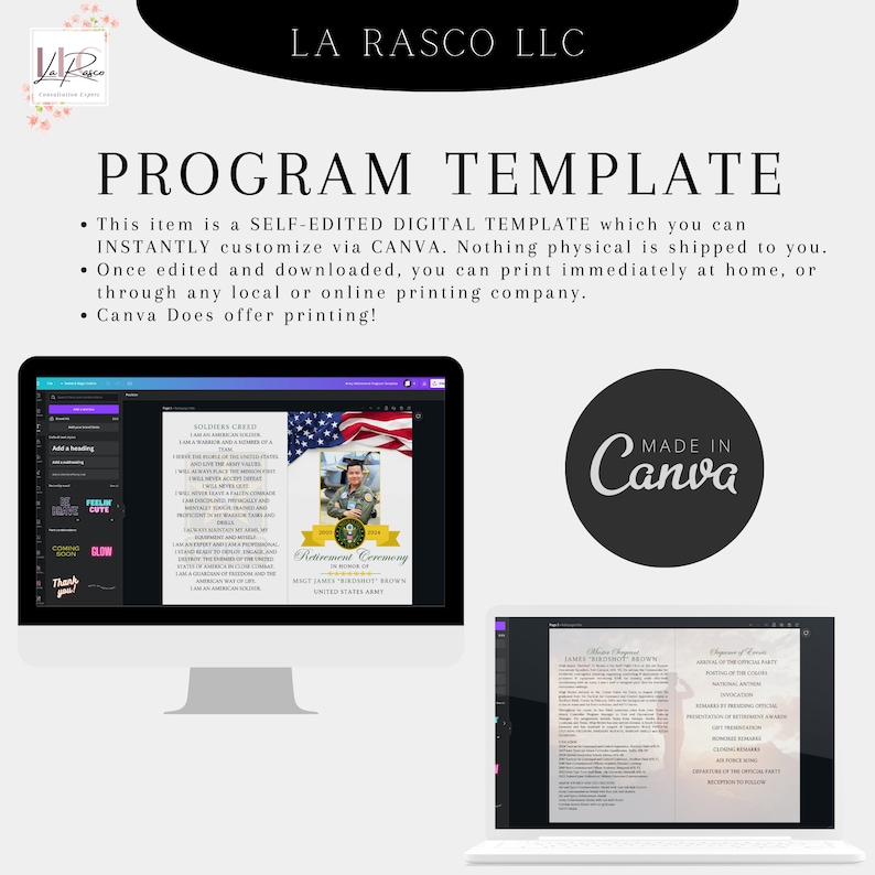 Puede incluir: Una plantilla de programa digital con el texto "PROGRAM TEMPLATE" y "LA RASCO LLC". La plantilla es personalizable a trav&eacute;s de Canva y se puede imprimir en casa. La imagen muestra una pantalla de ordenador que muestra un programa de ceremonia de jubilaci&oacute;n.