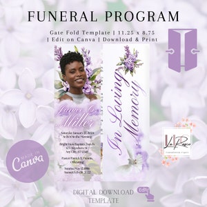 May include: A purple and white funeral program template with a photo of a woman and the text "In Loving Memory" and "Janice C. Miller". The template is designed for a gate fold and includes the text "Digital Download Template".