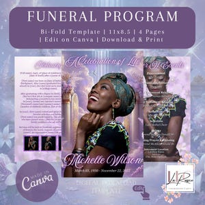 May include: A purple and white funeral program template with a photo of a woman smiling. The program includes a celebration of life order of events, a eulogy, and interment location. The text "Michelle Wilson" is at the bottom of the page. The text "March 03, 1950 - November 22, 2022" is below the name. The text "Digital Download Template" is at the bottom of the page.