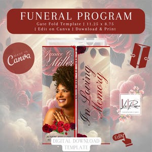 May include: A funeral program template with a gate fold design. The template features a red floral background with a photo of a woman and the text "Janice B. Miller" and "In Loving Memory". The template is 11.25 inches by 8.75 inches and can be edited and printed on Canva.
