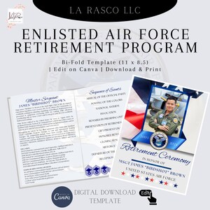 May include: A bi-fold template for the Enlisted Air Force Retirement Program. The design features a photo of a service member, the Air Force seal, and patriotic colors. The template is 11 x 8.5 inches and is editable in Canva.