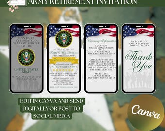 Puede incluir: Una invitación digital para una ceremonia de jubilación del ejército de los Estados Unidos. La invitación presenta un sello verde y dorado con las palabras "United States Army" y una tarjeta de agradecimiento verde y blanca con las palabras "Thank You". La invitación incluye la fecha, la hora y el lugar de la ceremonia. El texto "Edit in Canva and send digitally or post to social media" está en la parte inferior de la invitación.
