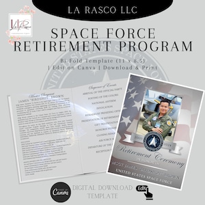 May include: A printable bi-fold template for a Space Force retirement ceremony. The template features a silver and blue design with a photo of a man in uniform, the American flag, and the text "Retirement Ceremony in Honor of MSGT James "Birdshot" Brown, United States Space Force".