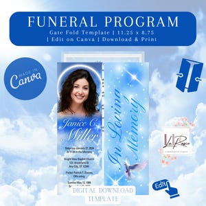May include: A blue and white gate fold funeral programme template with a photo of a woman in a white halo. The text reads "In Loving Memory" and "Janice C. Miller". The programme includes the date and time of the funeral service, the name of the church, the address, the officiant, and the date of birth and death.