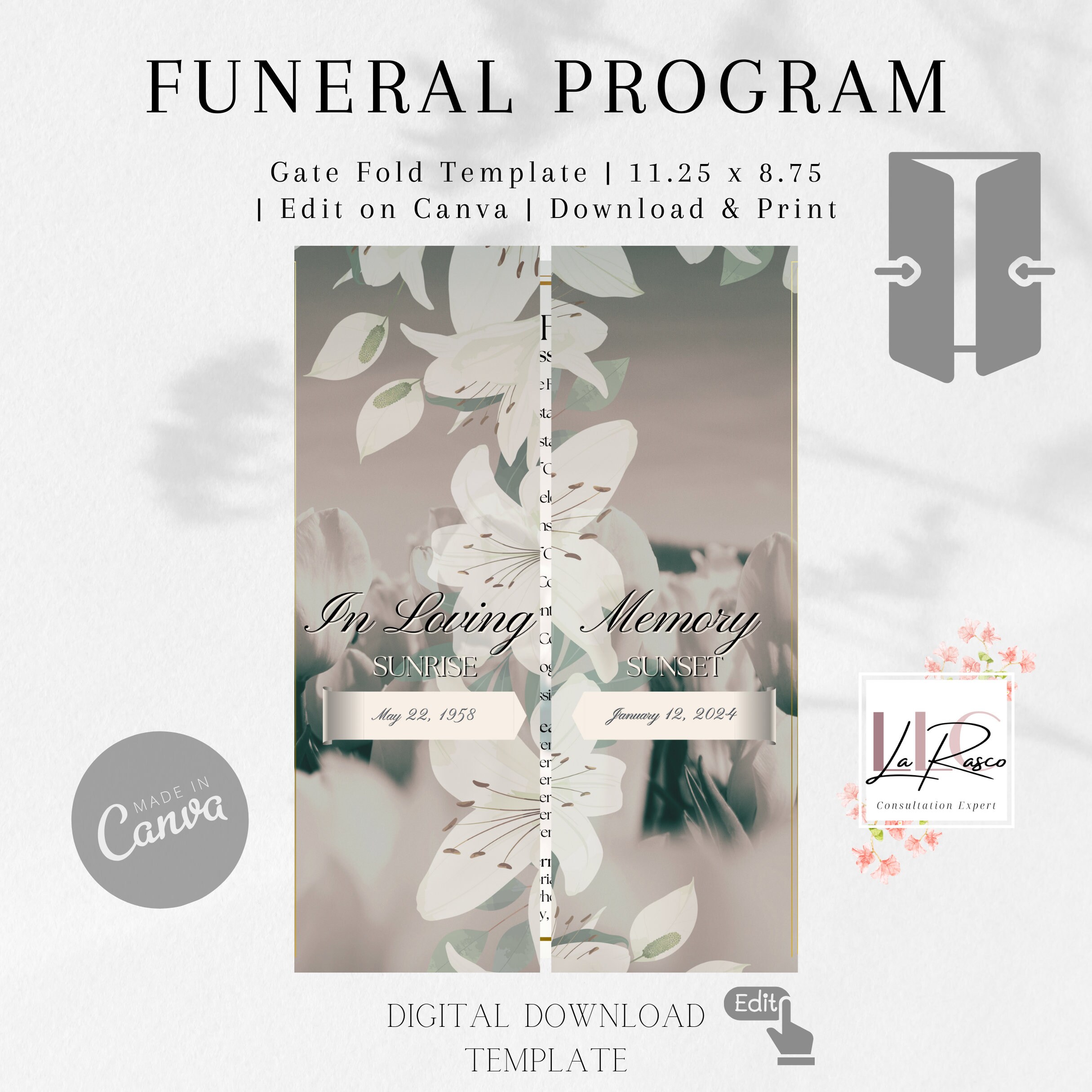 Flower Gatefold Funeral Program Template