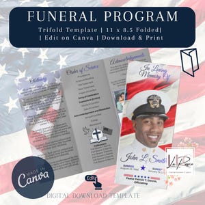 May include: A trifold funeral program template with the text "FUNERAL PROGRAM" at the top. The template is 11 x 8.5 inches when folded and includes sections for an obituary, order of service, and acknowledgements. The template is editable on Canva and available for download and print.