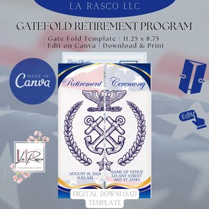 Puede incluir: Una plantilla de descarga digital para un programa de jubilación Gatefold. El diseño presenta un águila, anclas y coronas de laurel. La plantilla mide 28,58 x 22,23 cm e incluye el texto "Ceremonia de jubilación" y los detalles del evento.