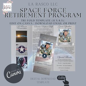 Könnte beinhalten: Eine dreifache Vorlage für eine Space Force-Abschiedsfeier. Die Vorlage ist für die Bearbeitung in Canva konzipiert und enthält Abschnitte für "Eine Zeit zum Erinnern", "Dienst vor dem Selbst" und "Gastredner". Die Vorlage zeigt ein Foto eines Space Force Master Sergeant in Uniform, zusammen mit dem Text "Zu Ehren von Master Sergeant James Brown, United States Space Force".