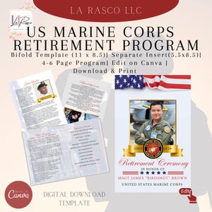 May include: A printable US Marine Corps retirement program template in a bifold format. The template features a photo placeholder, a gold ribbon with the text "United States Marine Corps", and the text "Retirement Ceremony" in honor of MSGT James "Birdshot" Brown. The template is designed for a 4-6 page program and can be edited on Canva.