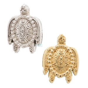 May include: Two turtle charms, one silver and one gold, with intricate designs on the shell and head. The charms are both facing forward and have a detailed, ornate design.