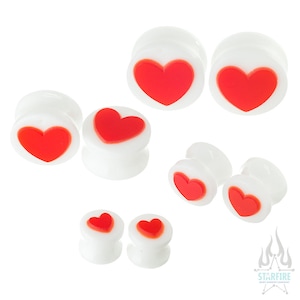 Gorilla Glass Heart Glass Plugs - Red on White