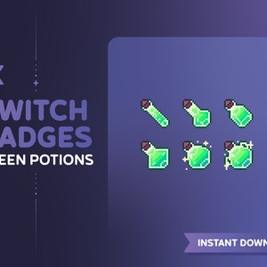 Könnte beinhalten: Satz Twitch-Badges mit grünen Zaubertrankflaschen in verschiedenen Stilen. Die Badges sind pixelig und haben eine Retro-Videospiel-Ästhetik.