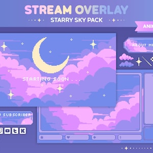 Starry Sky Animated Customizable Stream Overlay Pack, pixel art, 8bit, alerts, panels, dreamy twitch package, pastel, cute, pink, stars