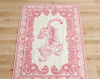 Pink Leopard rug Hand-Tufted Wool Rug – Maximalist Animal Print, Vintage Border (100% New Zealand Wool)