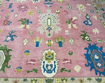 Hand-Knotted Pink Oushak Rug, 10x14, Geometric Wool Rug