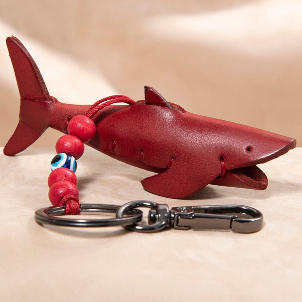 Leather Shark Key Chain for Shark Lovers, 5 Colors - Backpack Charm Accessory for Kids and Adults / Excellent Unique Birthday Gift for Men