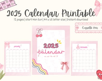 May include: Printable 2025 calendar with a pink and white design. The calendar features a pink bow, cherries, and the text "2025 Calendar".
