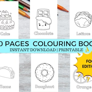 Op de afbeelding: Een zwart-wit kleurboek met 50 pagina's met illustraties met een voedselthema. De omslag toont een taart, een chocolade reep, sla, taco, donut en sinaasappel. De titel "50 PAGES COLOURING BOOK" en "FOOD EDITION!!" staan in vetgedrukte, witte tekst op een blauwe en gele achtergrond.
