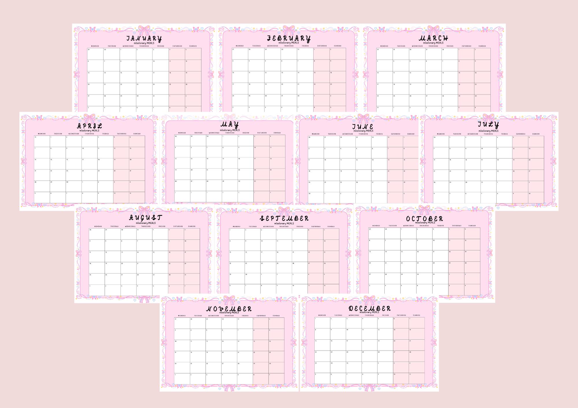 Cute Coquette Missionary Meals Calendar Sign up 2025 Monthly Calendars ...