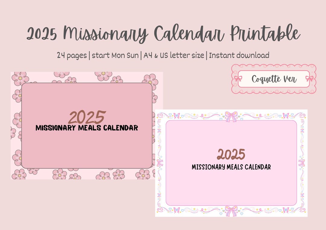 Cute Coquette Missionary Meals Calendar Sign up 2025 Monthly Calendars ...