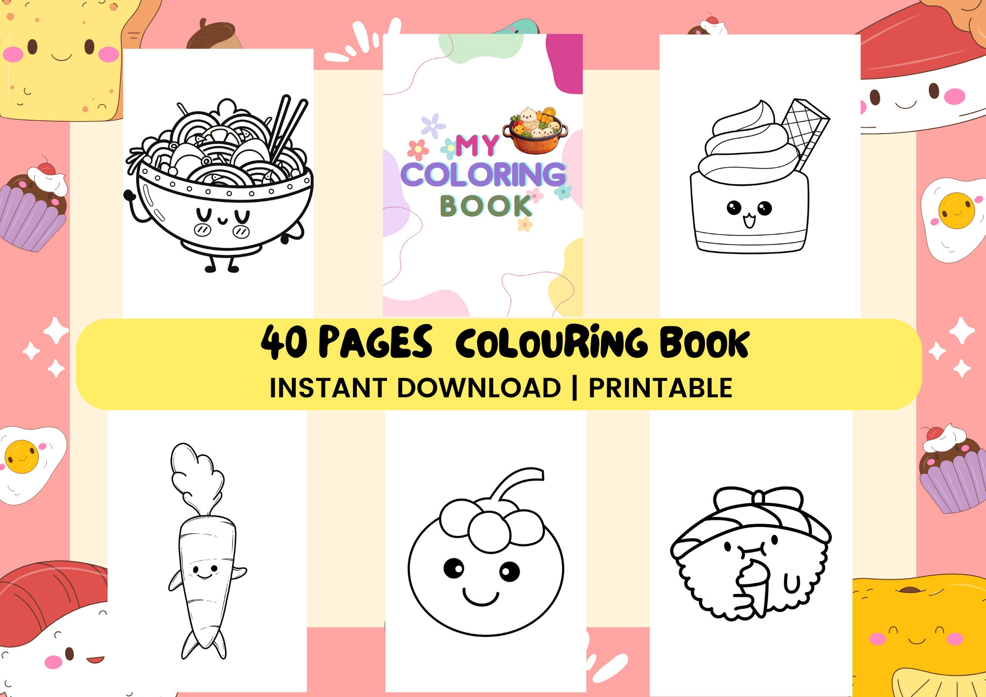 40 Easy Cute Kawaii Food Coloring Pages For Kids, Toddlers, Preschoolers Toddlers Coloring Book Simple Coloring Pages Homeschool Printable