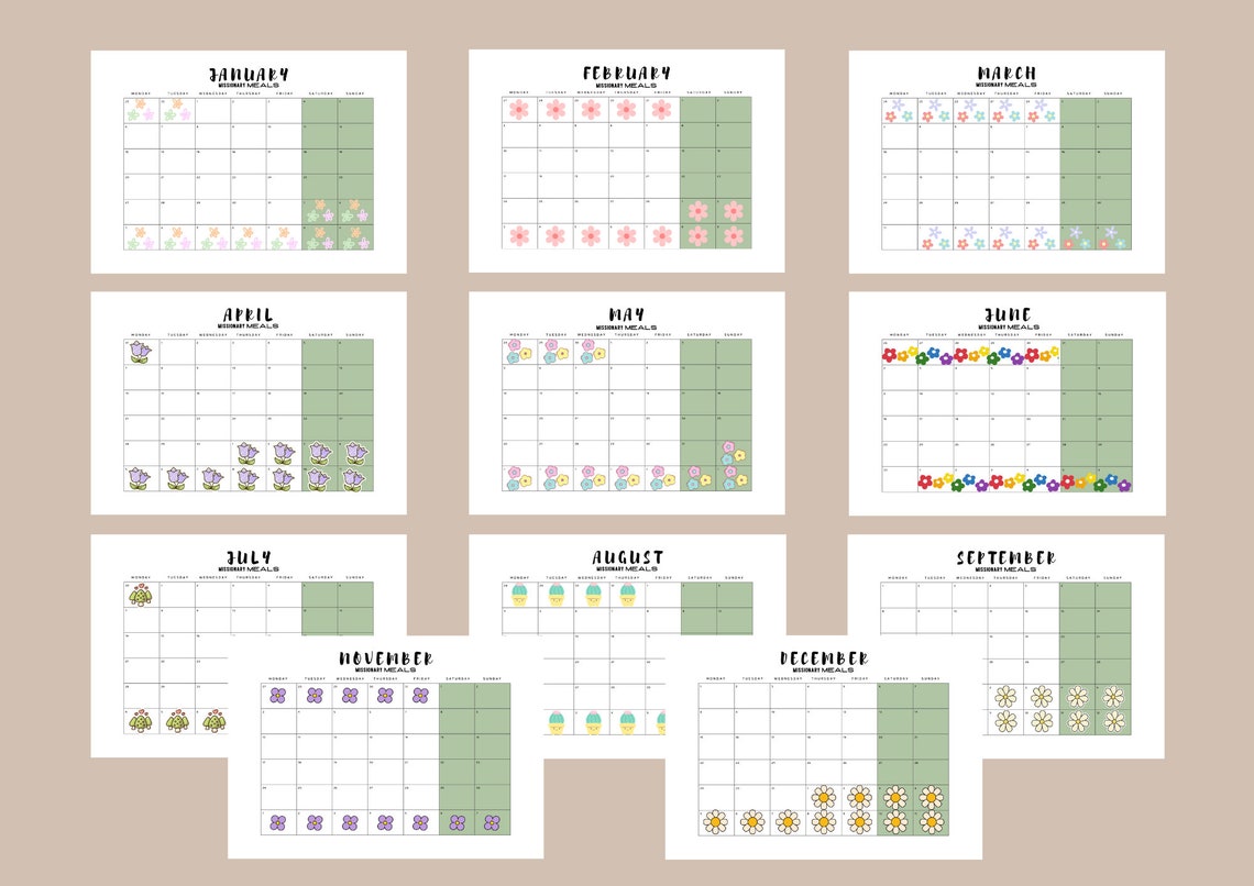 Missionary Meals Calendar Sign up 2025 Monthly Calendars, Digital ...