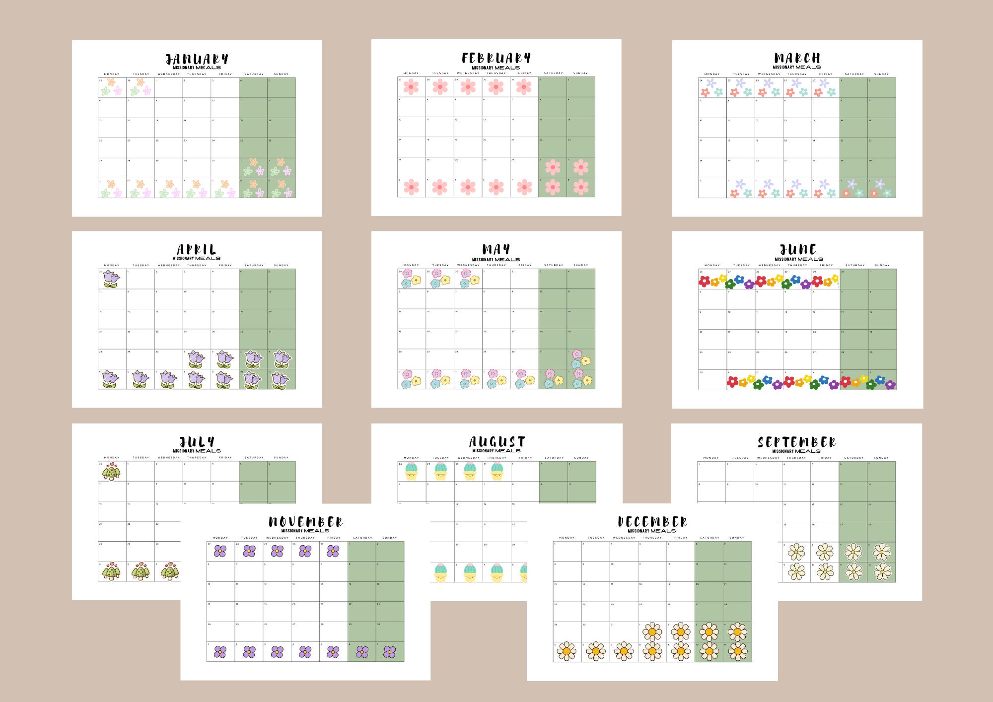 Missionary meals calendar sign up 2025 monthly calendars digital