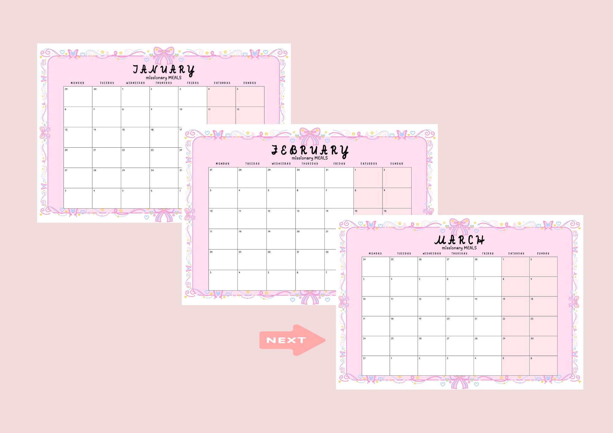 Cute Coquette Missionary Meals Calendar Sign up 2025 Monthly Calendars ...