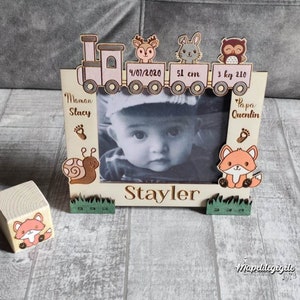 Gepersonaliseerde babyfotolijstje treintje - Thema: Bosdieren - Origineel geboortecadeau - Gepersonaliseerde houten lijst!