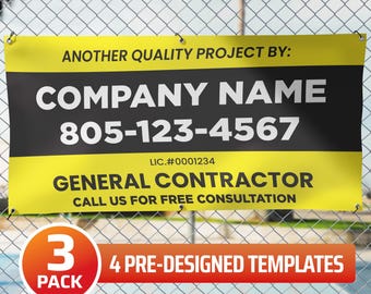 Custom Banners 6x3 ft for Construction Contractors (Pack of 3) - 13oz Scrim Waterproof – 4 Pre-Designed Layouts to Choose From