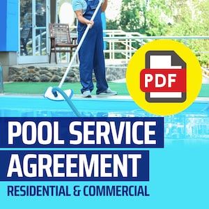 Puede incluir: Un documento PDF para un contrato de servicio de piscina. Una persona está limpiando una piscina con una red y una pértiga larga. El texto del documento dice "POOL SERVICE AGREEMENT" y "RESIDENTIAL & COMMERCIAL".