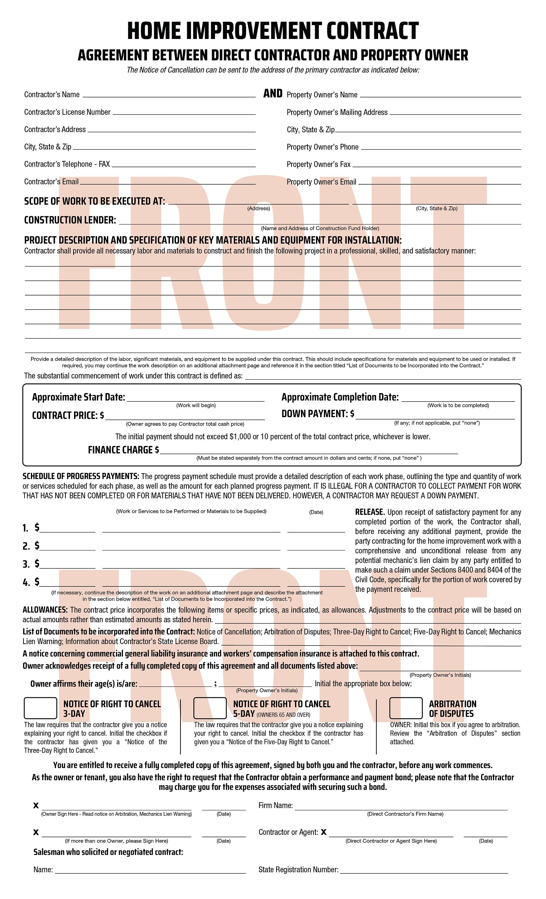 Home Improvement Contract - California NCR 3-page Form (pack of 10) - Etsy