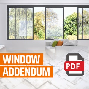 May include: A white couch with orange and green throw pillows sits in front of a large window with a view of trees. The floor is covered in a blueprint with the words "WINDOW ADDENDUM" and a PDF icon.