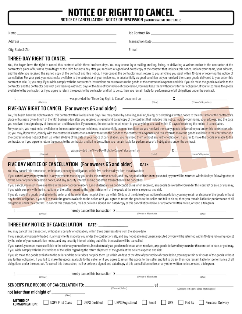Notice of Right to Cancel NCR Form (pack of 10) Etsy