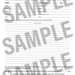 May include: A black and white contract change order form with blank fields for project details, contractor information, and signatures. The form includes the text "CONTRACT CHANGE ORDER" at the top and "CHANGE ORDER #" and "DATE" at the top right.