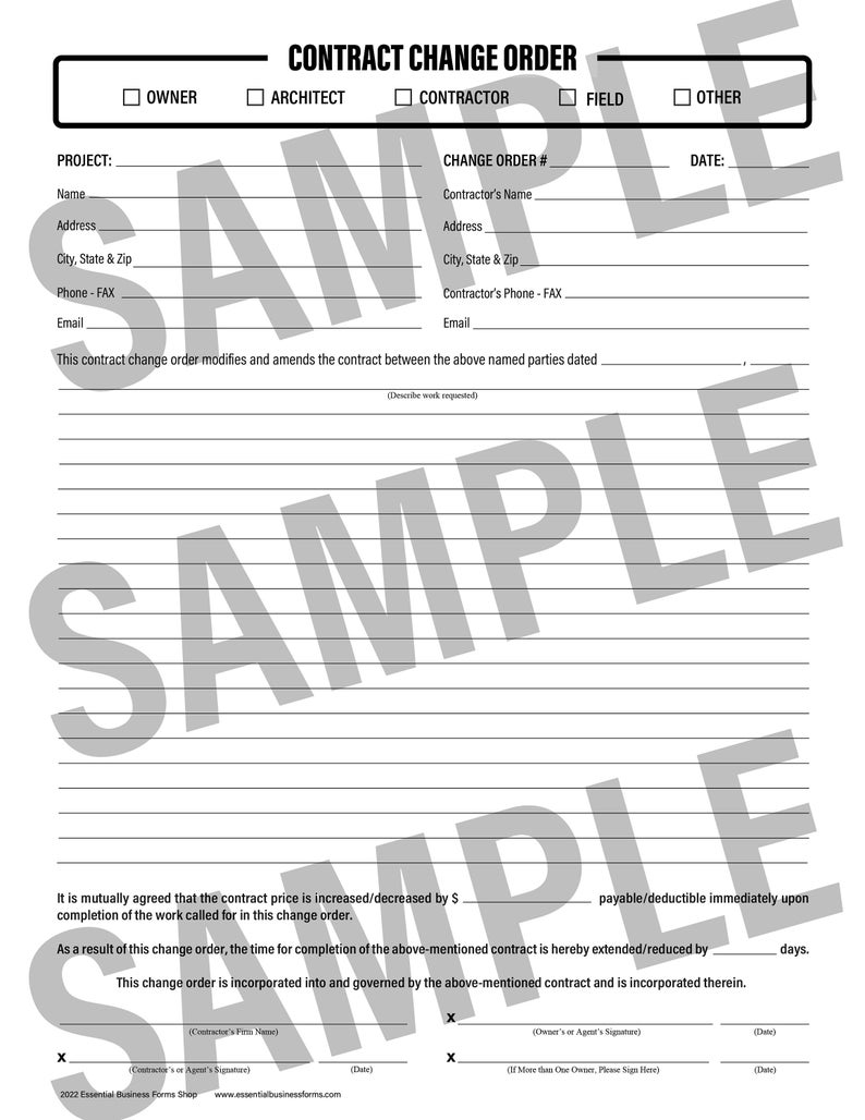 May include: A black and white contract change order form with blank fields for project details, contractor information, and signatures. The form includes the text "CONTRACT CHANGE ORDER" at the top and "CHANGE ORDER #" and "DATE" at the top right.