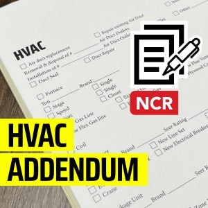 May include: A close-up of a HVAC addendum form with checkboxes for various services, including air duct replacement, repair, and installation. The form also includes a section for brand, furnace type, and other details. The text "NCR" is visible in red.